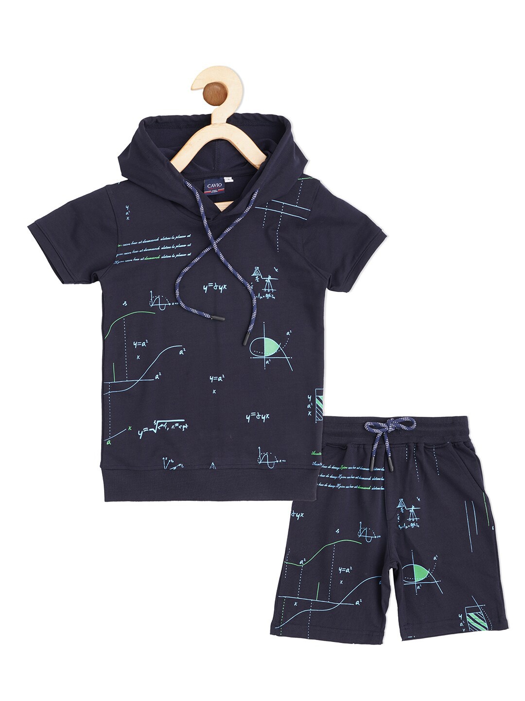 

CAVIO Boys Printed Pure Cotton Hooded T-shirt with Shorts, Navy blue