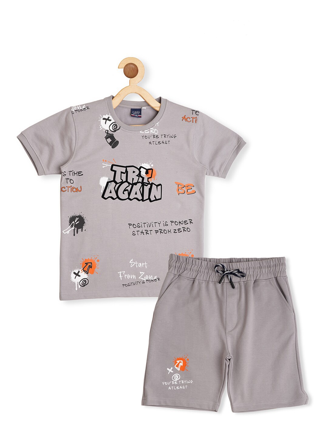 

CAVIO Boys Printed Pure Cotton T-shirt with Shorts, Grey
