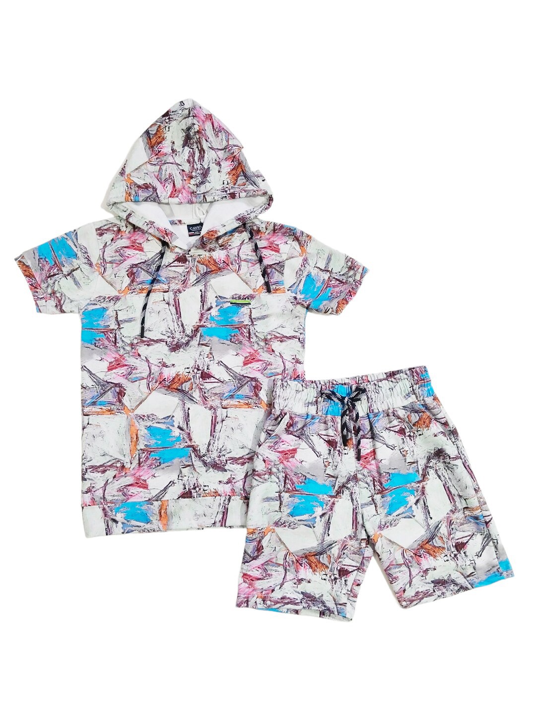 

CAVIO Boys Printed Hooded Pure Cotton T-shirt with Shorts, Sea green