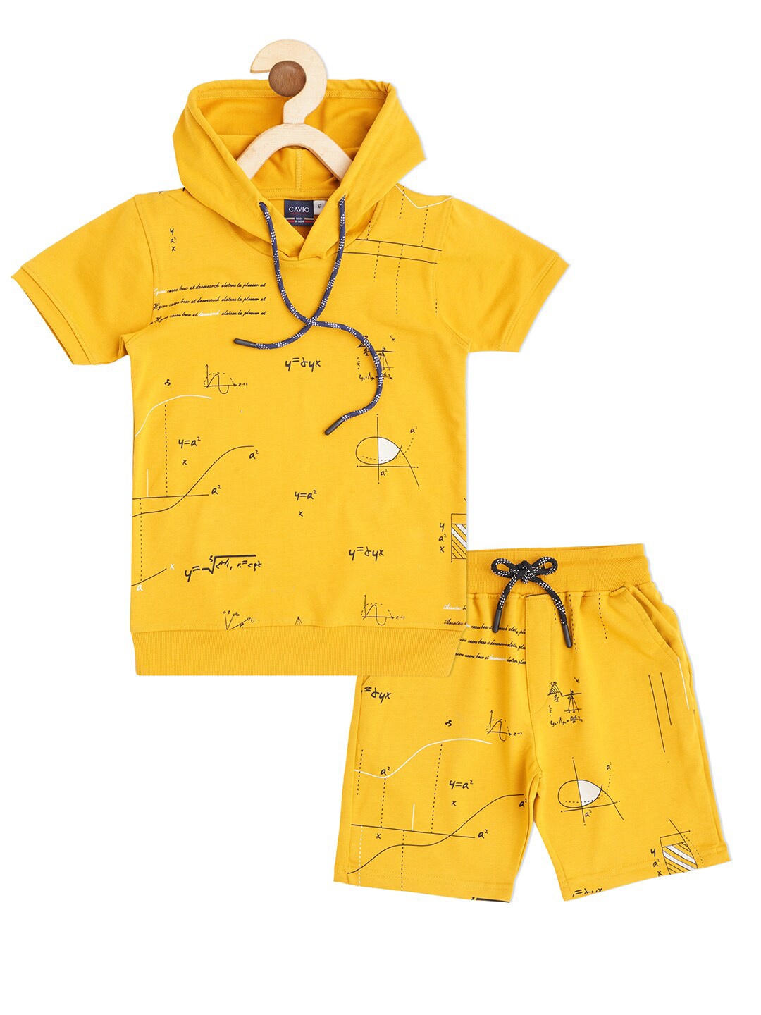 

CAVIO Boys Printed Pure Cotton Hooded T-shirt With Shorts, Yellow