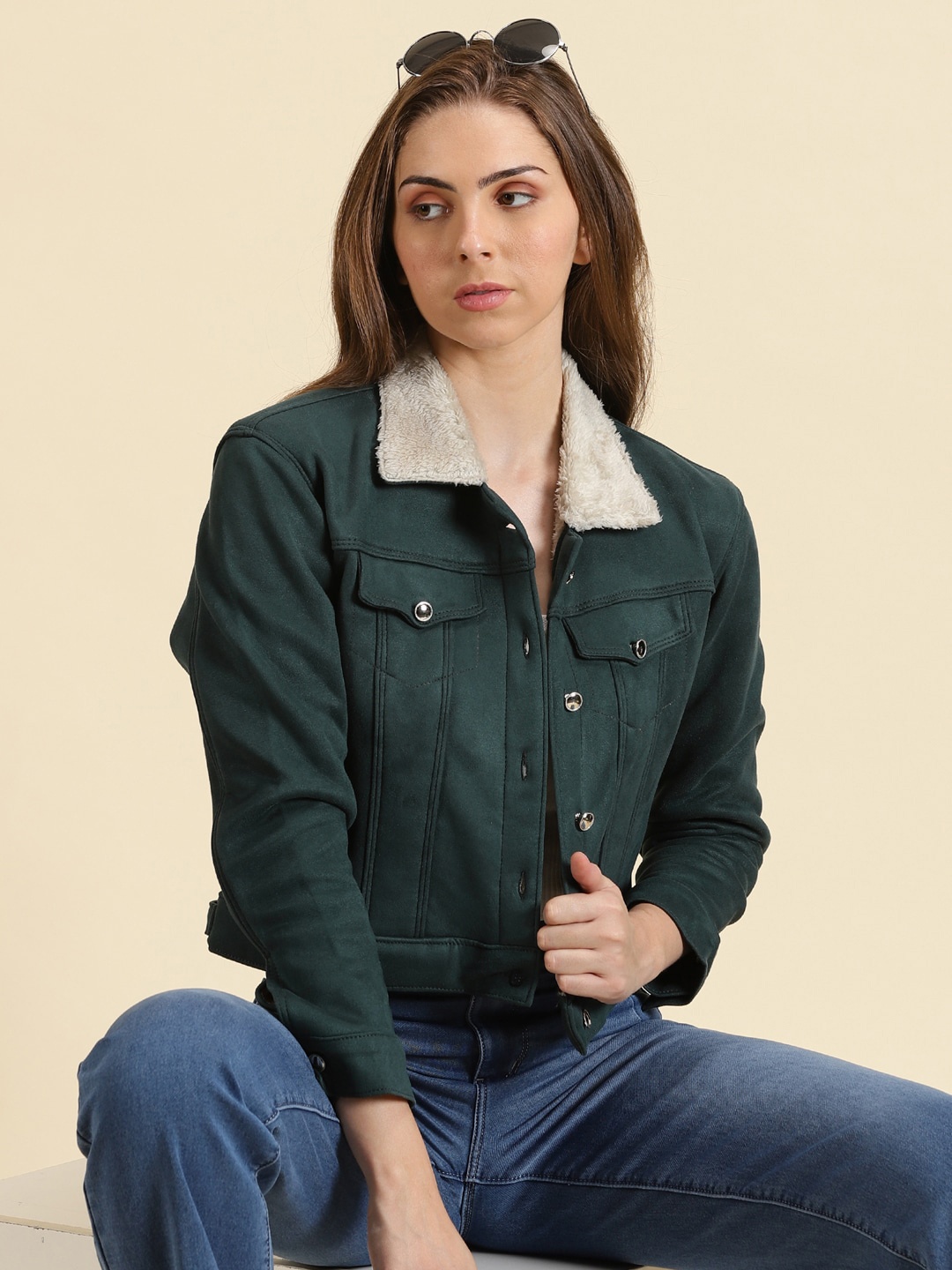 

SHOWOFF Fleece Crop Tailored Jacket With Faux Fur Trim, Green