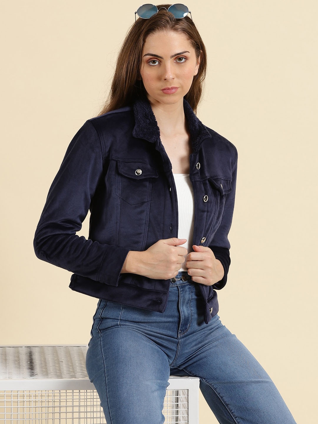 

SHOWOFF Spread Collar Fleece Crop Denim Jacket, Navy blue