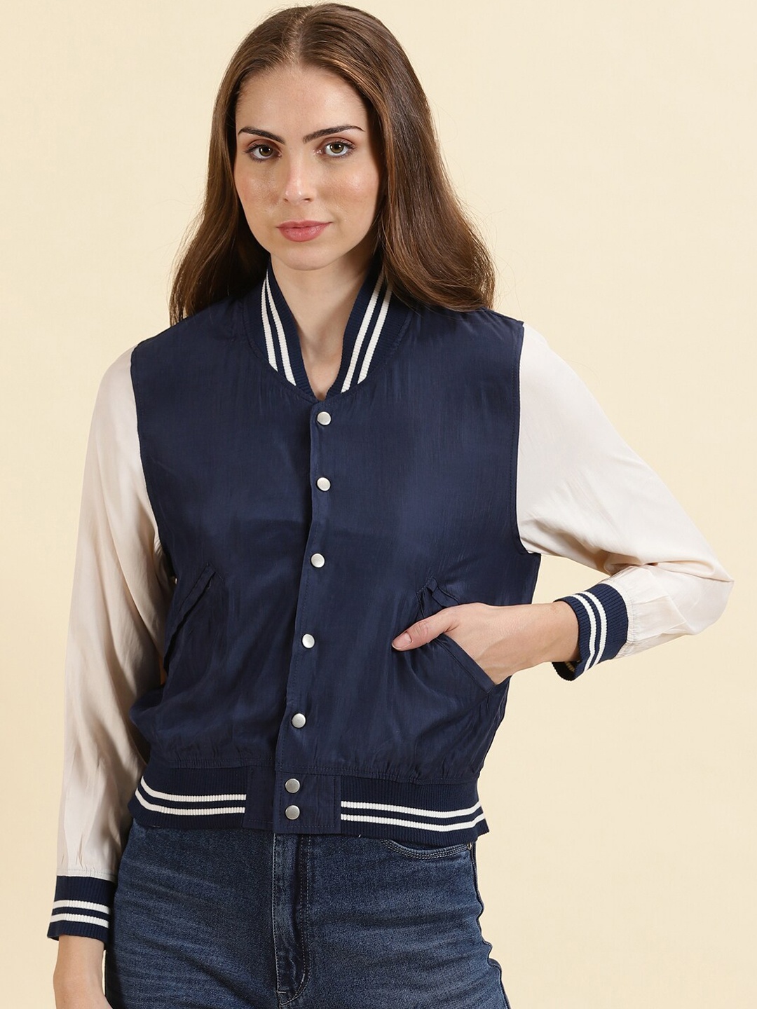 

SHOWOFF Colourblocked Mock Collar Lightweight Bomber Jacket, Navy blue