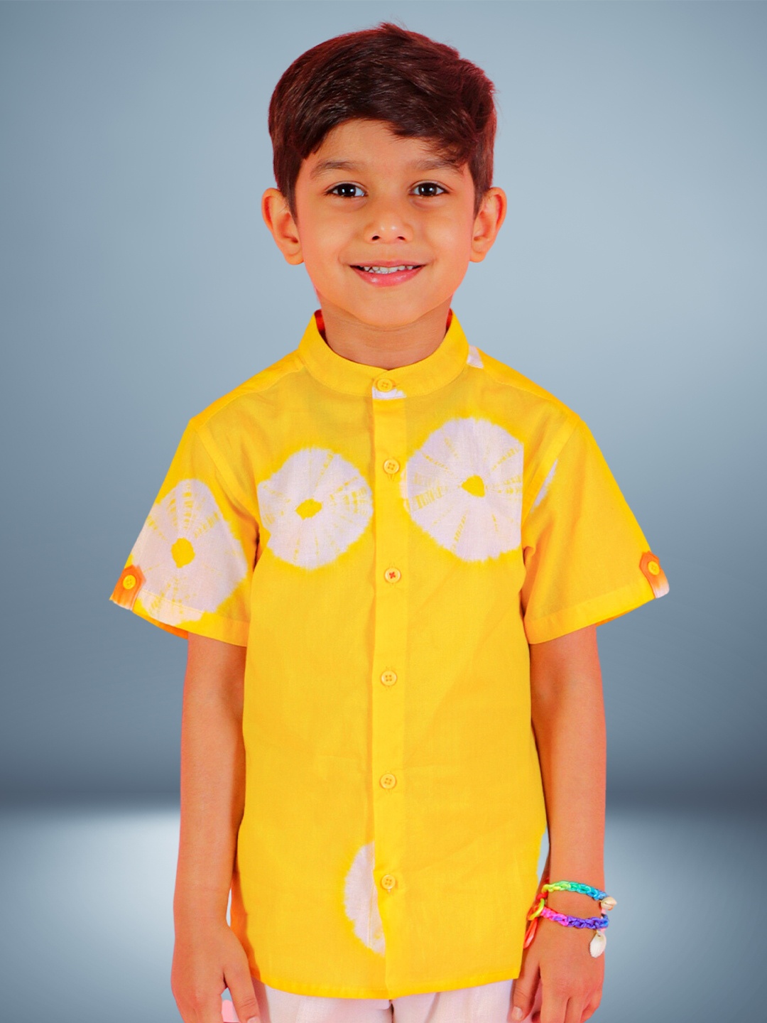 

LIL DRAMA Boys Tie and Dye Mandarin Collar Cotton Casual Shirt, Yellow