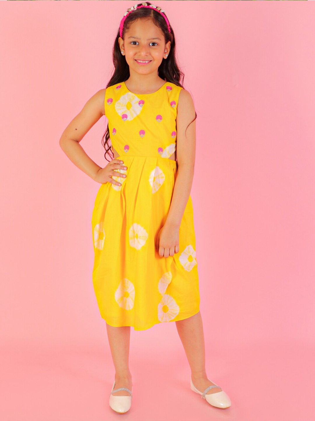 

LIL DRAMA Girls Tie & Dye Printed Embroidered Fit & Flare Midi Dress, Yellow