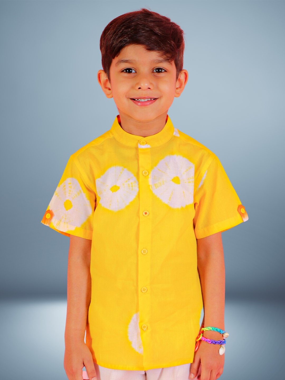 

LIL DRAMA Boys Standard Tie & Dye Mandarin collar Cotton Casual Shirt, Yellow