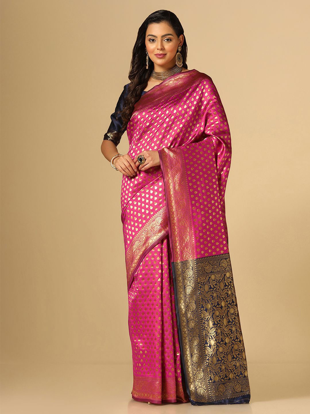 

Mitera Pink Blue Ethnic Motif Woven Design Zari Saree