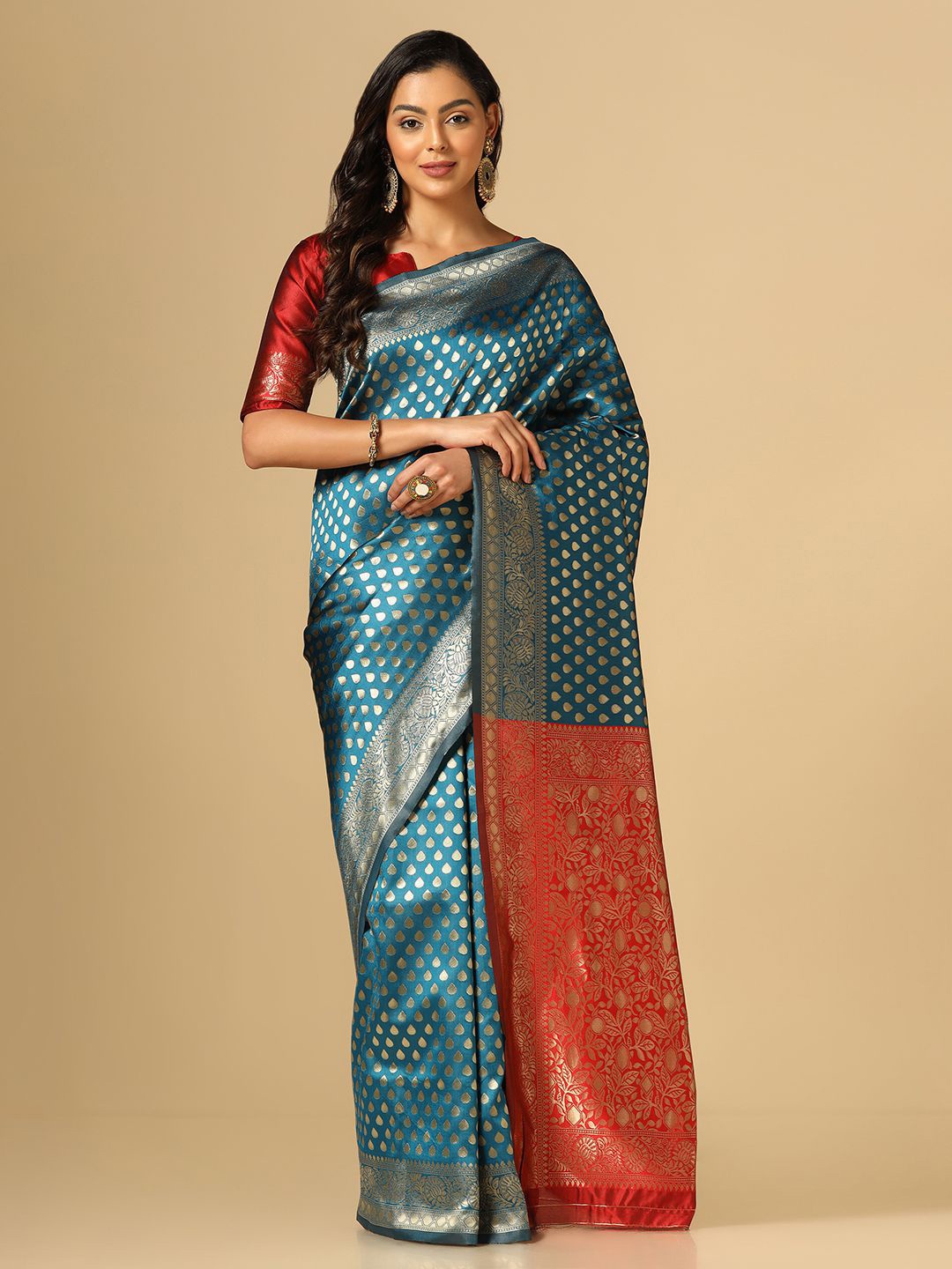 

Mitera Blue Pink Ethnic Motif Woven Design Zari Saree