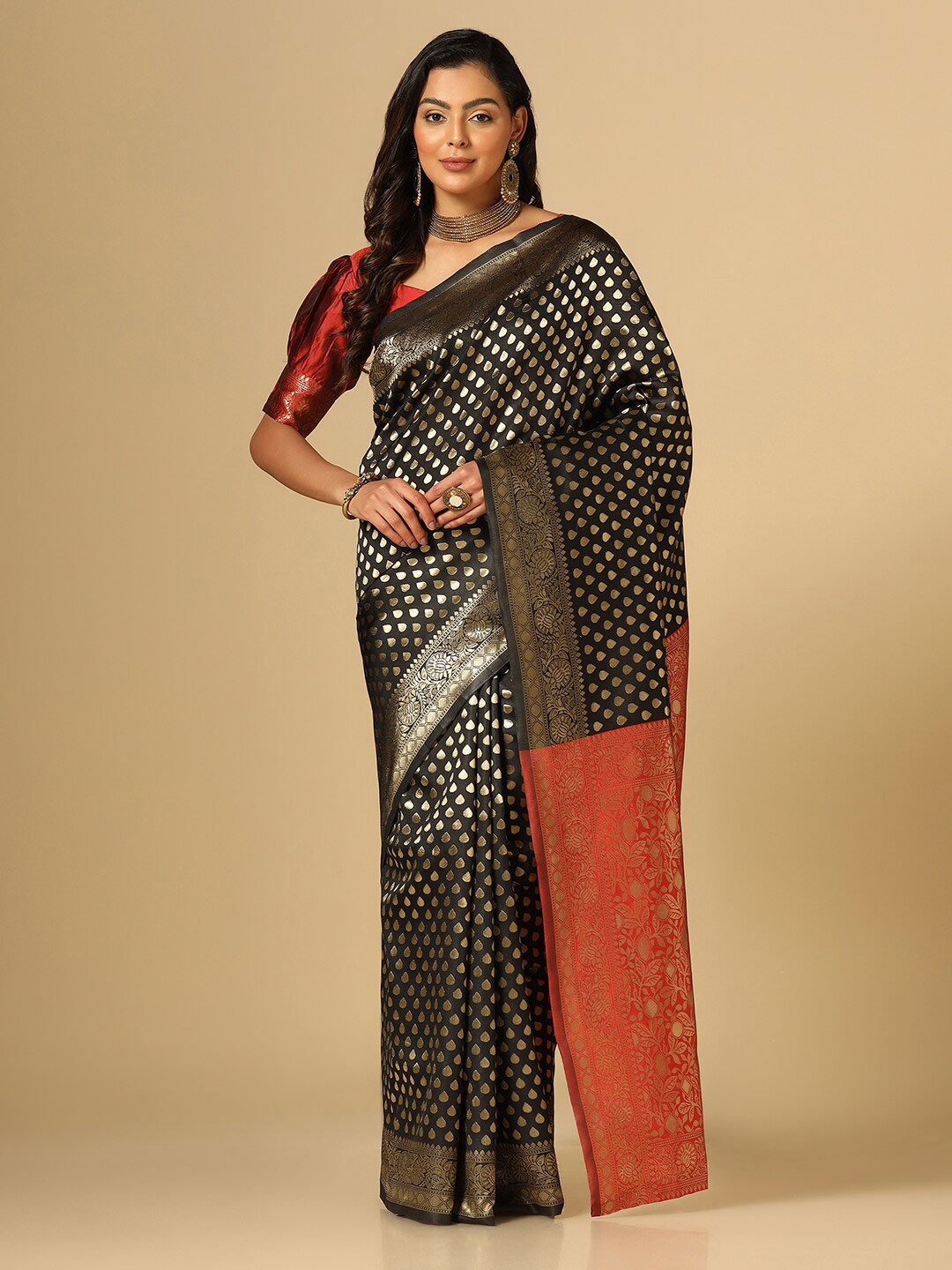 

Mitera Black & Red Woven Design Zari Art Silk Saree