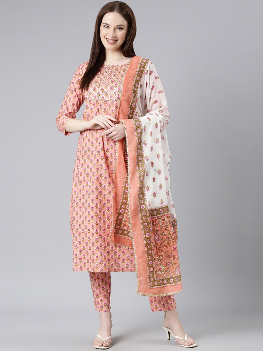 

ERISHA Floral Printed Gotta Patti Pure Cotton Kurta with Trousers & Dupatta, Peach