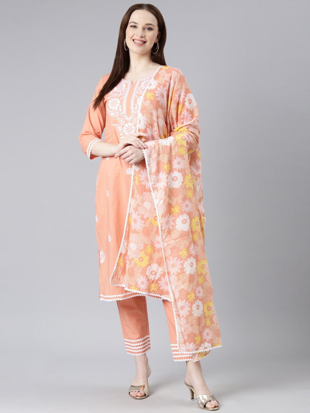

ERISHA Floral Embroidered Pure Cotton Kurta with Trousers & Dupatta, Peach