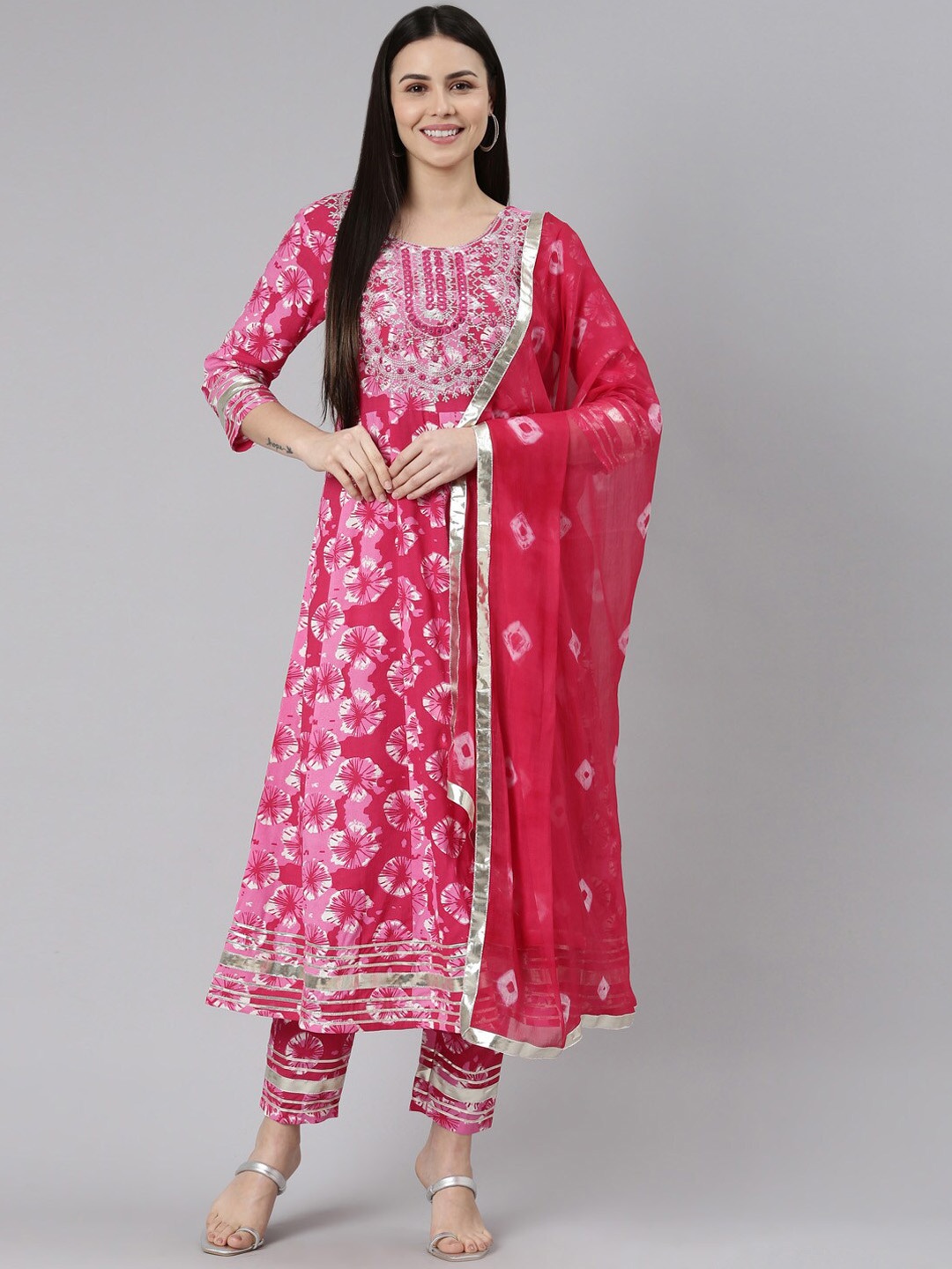 

ERISHA Floral Printed Mirror Work Kurta With Trousers & Dupatta, Pink