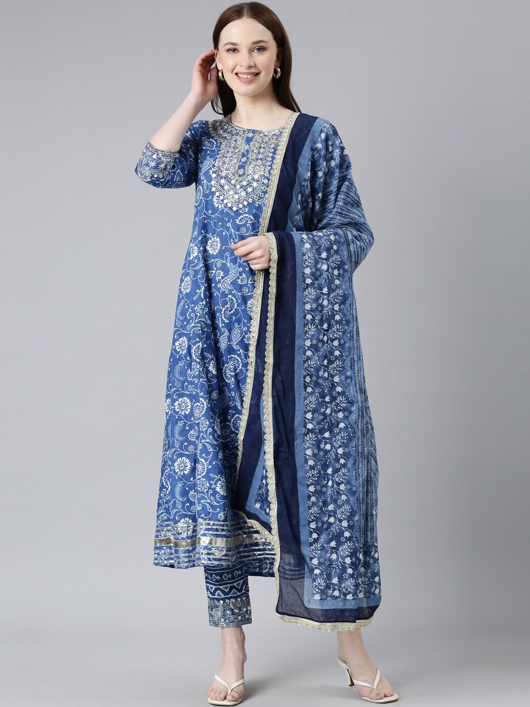 

ERISHA Floral Printed Mirror Work A-Line Pure Cotton Kurta with Trousers & Dupatta, Navy blue