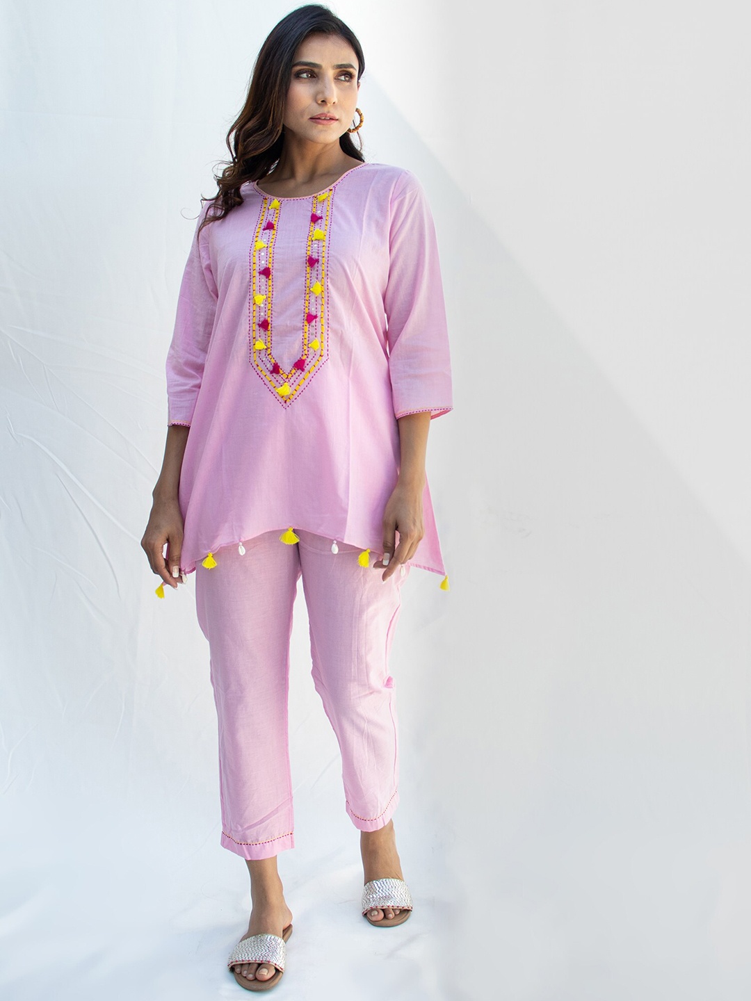 

Zanaash MANJU Embroidered Pure Cotton Tassel Detail Tunic With Trouser Co-Ords, Pink