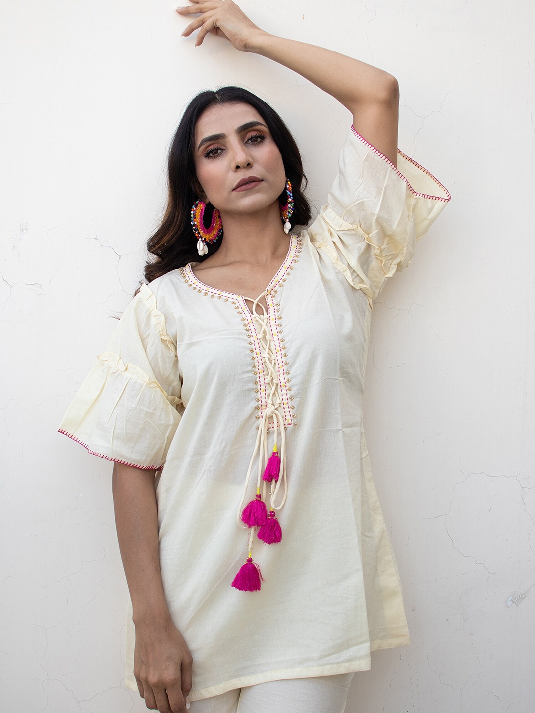 

Zanaash MIWA Embellished Pure Cotton Tassel Detail Tie Up Neck Tunic With Trousers Co-Ords, White