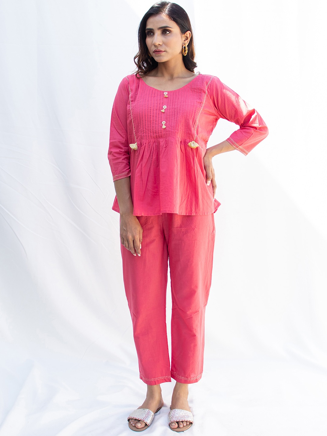 

Zanaash AKARI Pure Cotton Tassel Detail Tunic With Trousers Co-Ords, Rose