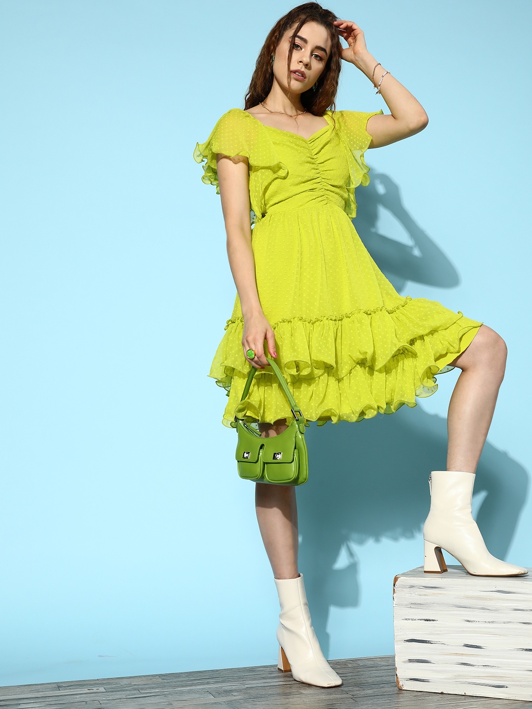 

Antheaa Self Design Flutter Sleeve Ruffled Chiffon Fit & Flare Dress, Lime green