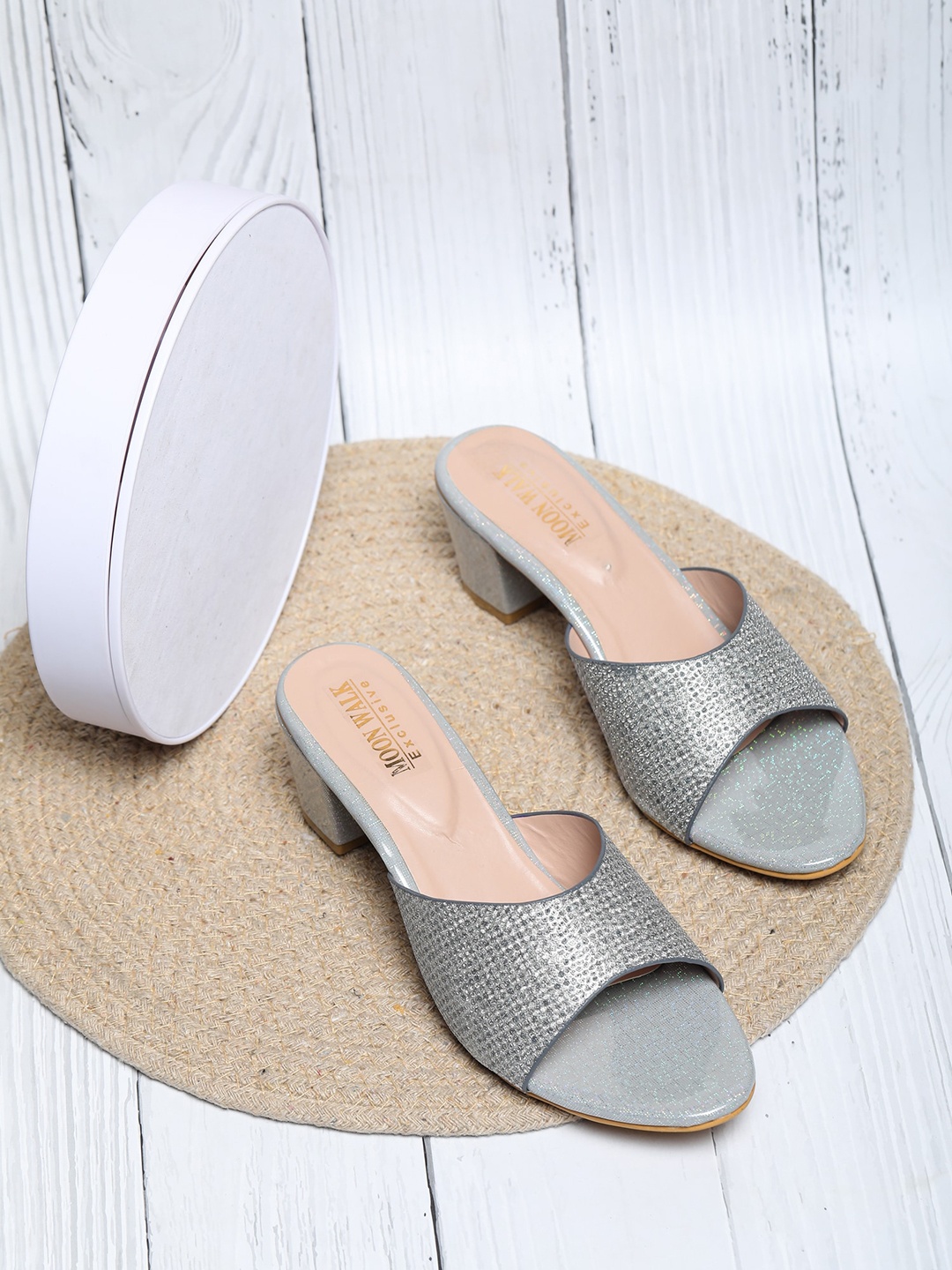 

Moonwalk Embellished Open Toe Block Heels, Grey