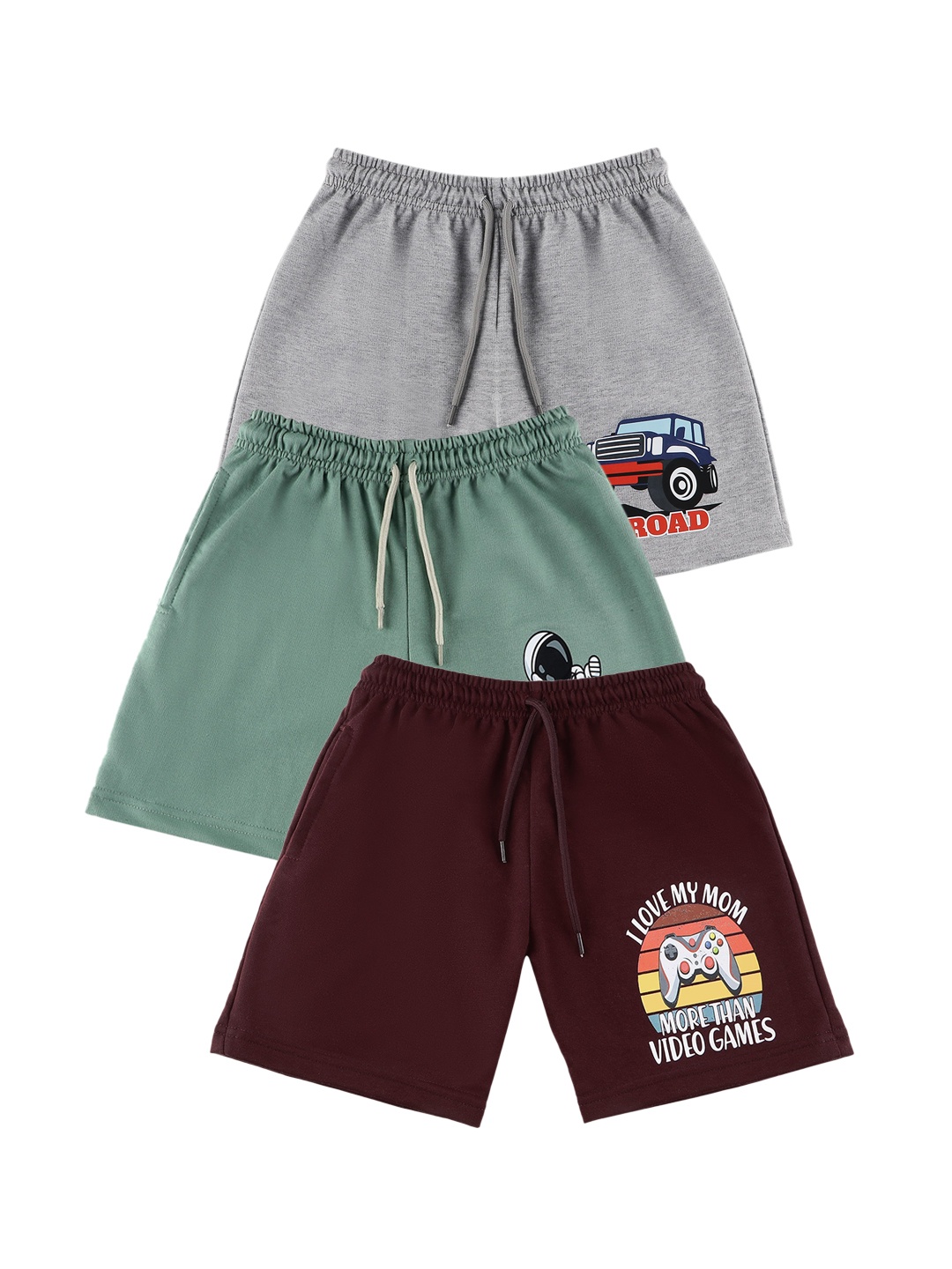 

Ninos Dreams Boys Pack Of 3 Graphic Printed Mid Raise Cotton Regular Shorts, Brown