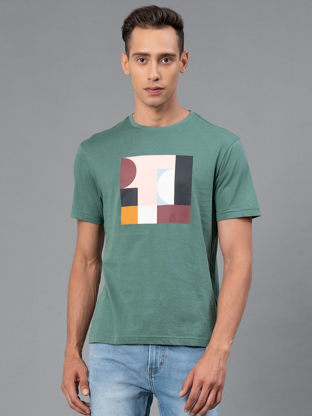 

Red Tape Geometric Printed Pure Cotton T-shirt, Green