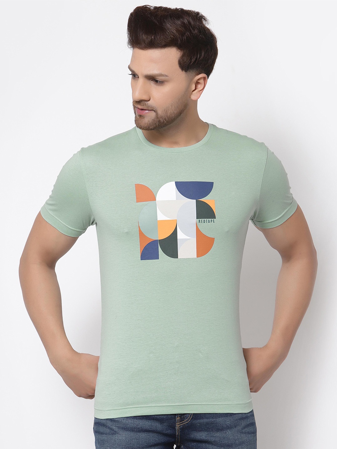 

Red Tape Geometric Printed Pure Cotton T-Shirt, Green