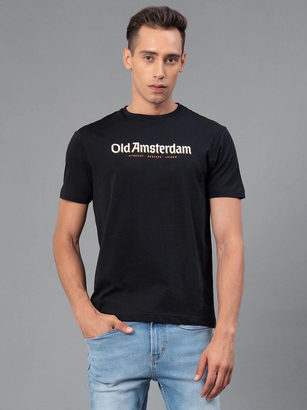 

Red Tape Typography Printed Round Neck Pure Cotton T-Shirt, Black