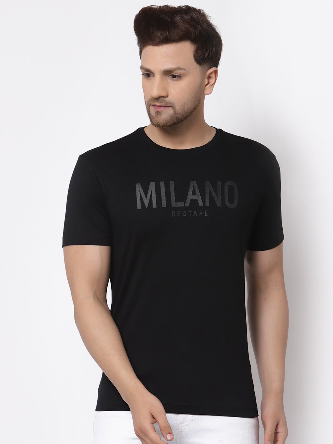 Red Tape Typography Printed Pure Cotton T-shirt, Black