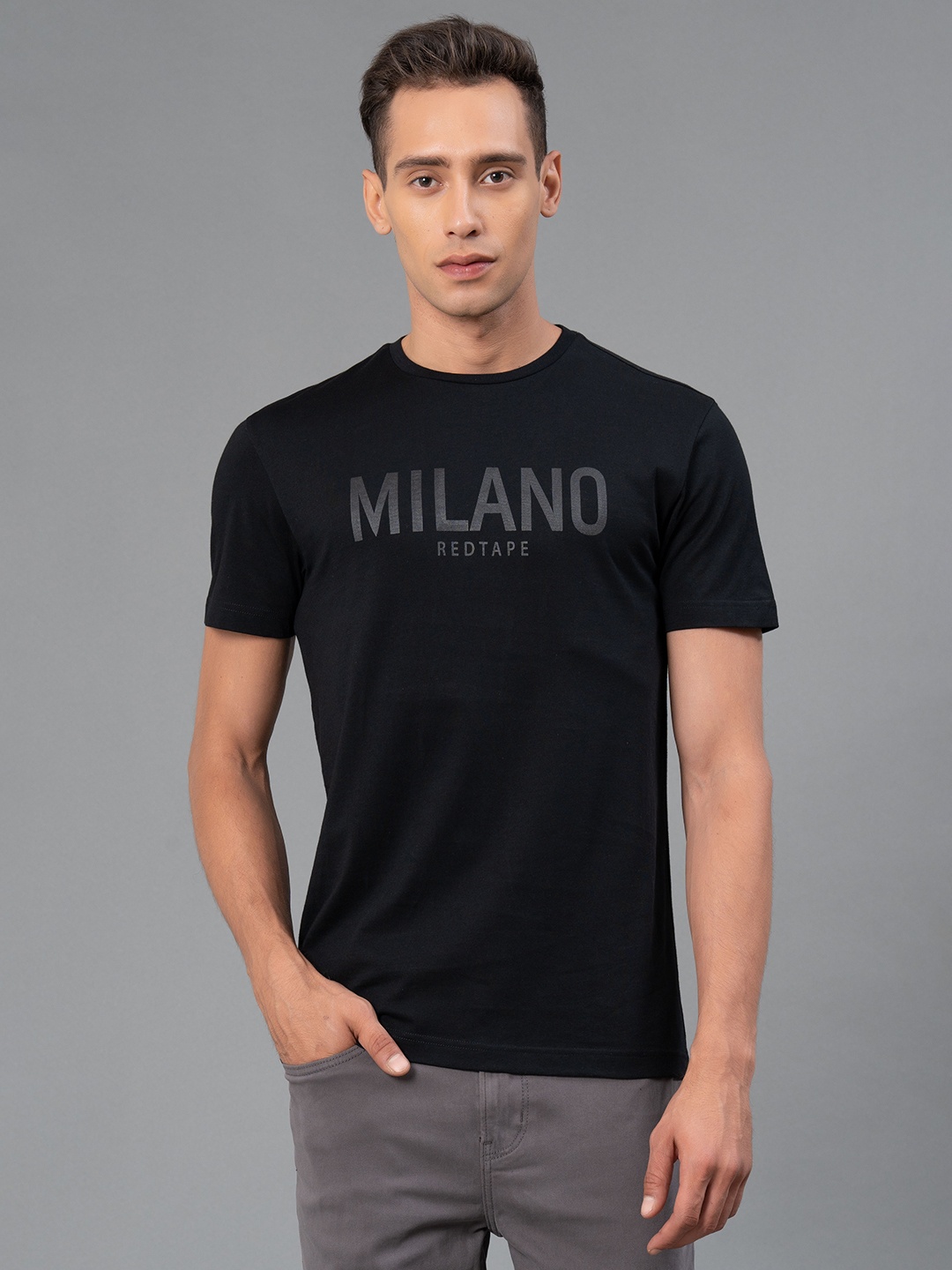 

Red Tape Typography Printed Knitted Pure Cotton T-Shirt, Black