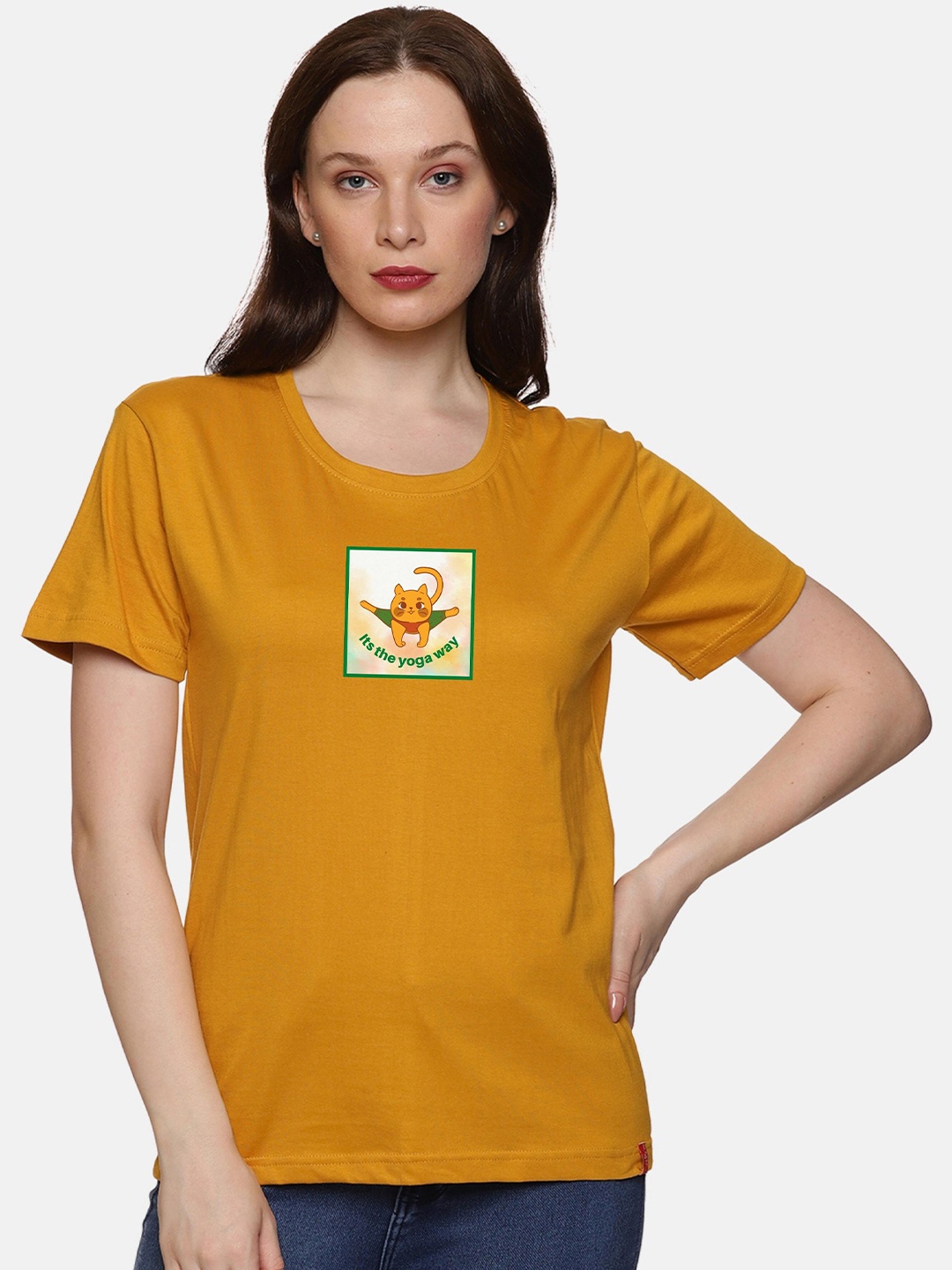 

NOT YET by us Graphic Printed Round Neck Cotton T-shirt, Mustard