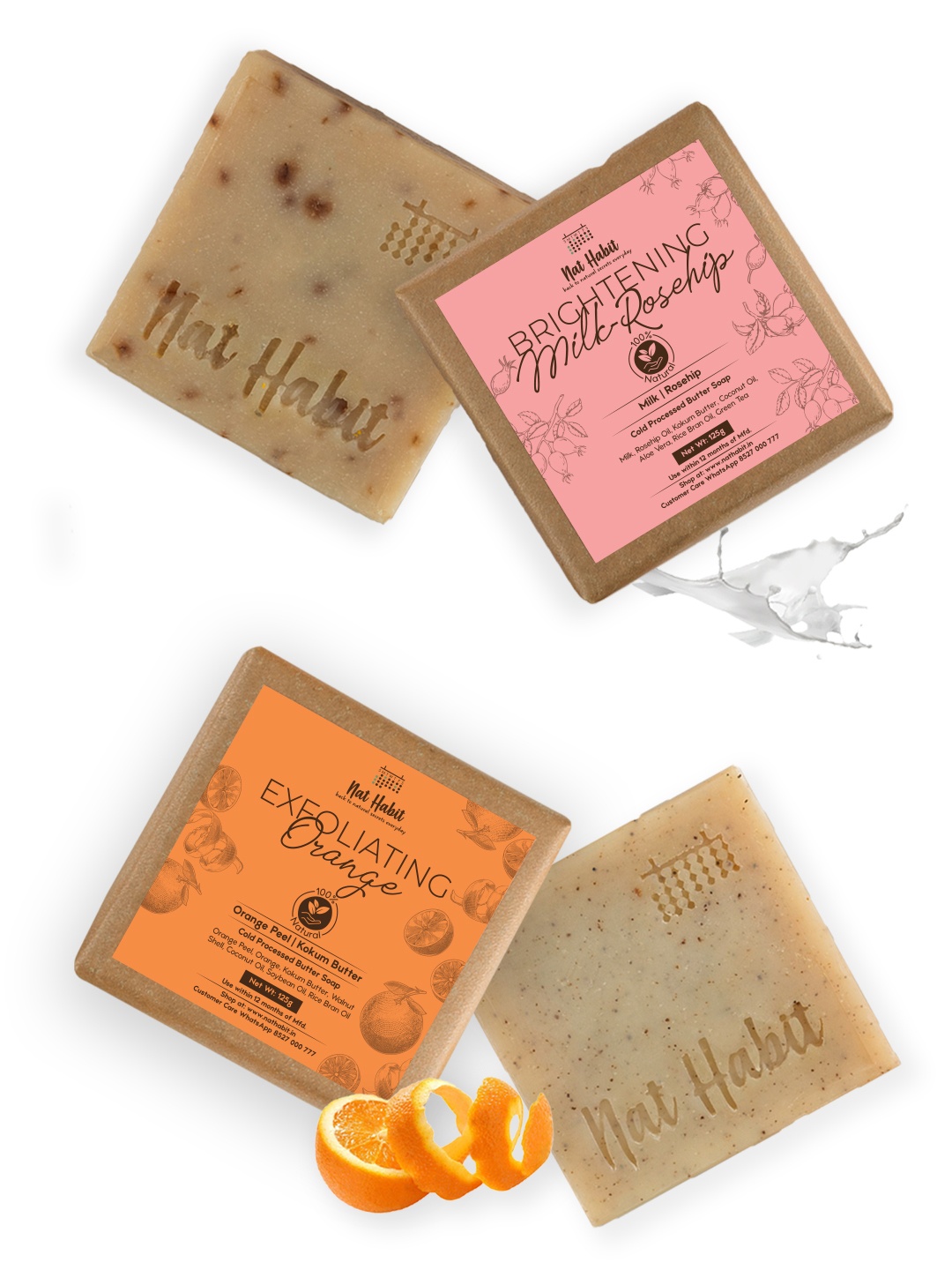 

Nat Habit Set 2 Brightening Milk Rosehip & Exfoliating Orange Soap Combo for Tan Removal, Brown