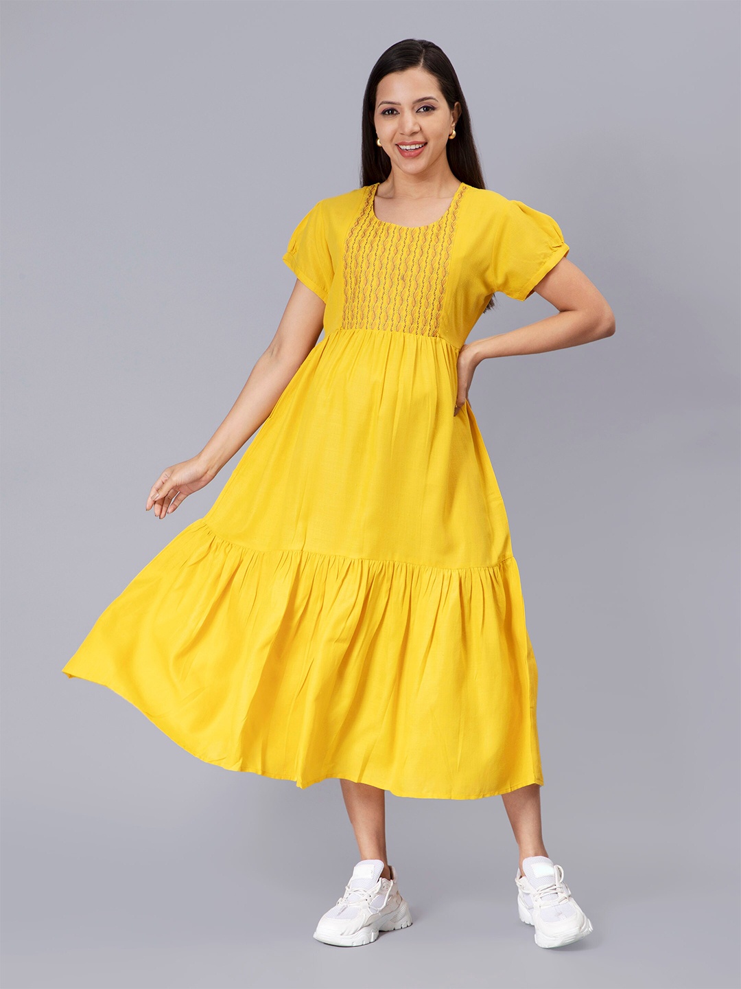 

NIGHTSPREE Round Neck Embroidered Tiered Fit & Flare Cotton Maternity And Feeding Dress, Yellow