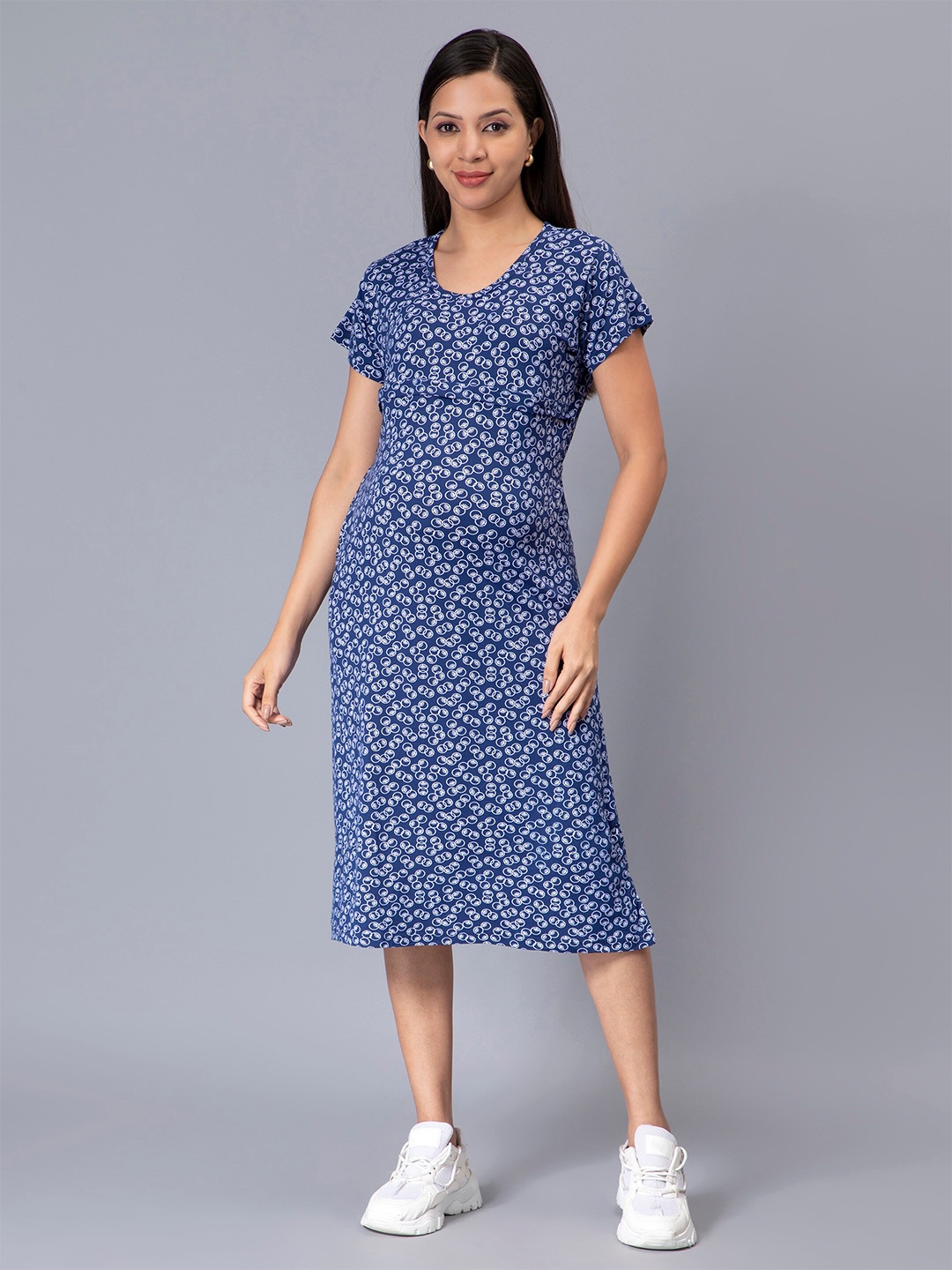 

NIGHTSPREE Printed Maternity Cotton A-Line Midi Dress, Blue