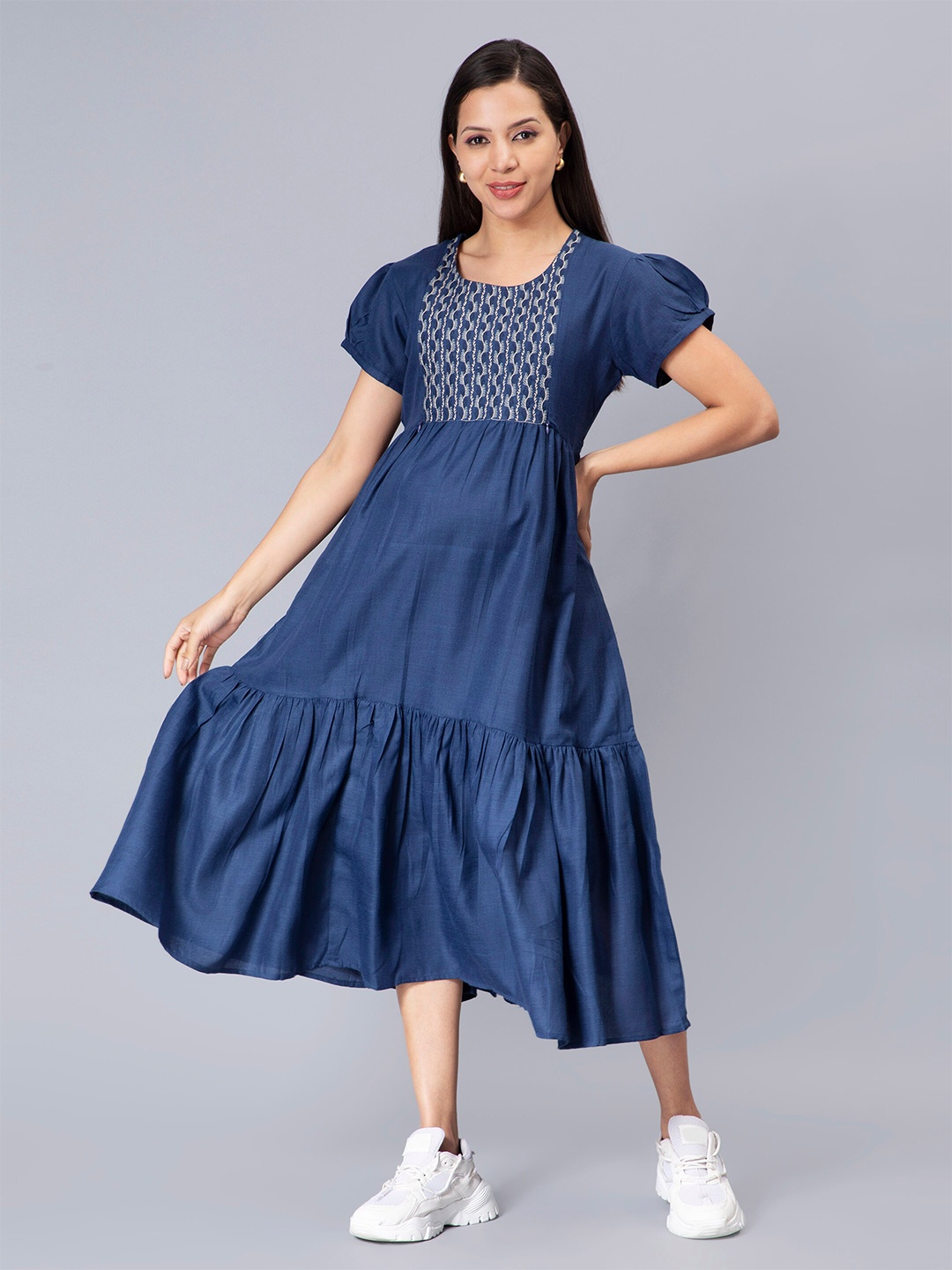 

NIGHTSPREE Puff Sleeve Embroidered Maternity Cotton A-Line Midi Dress, Blue