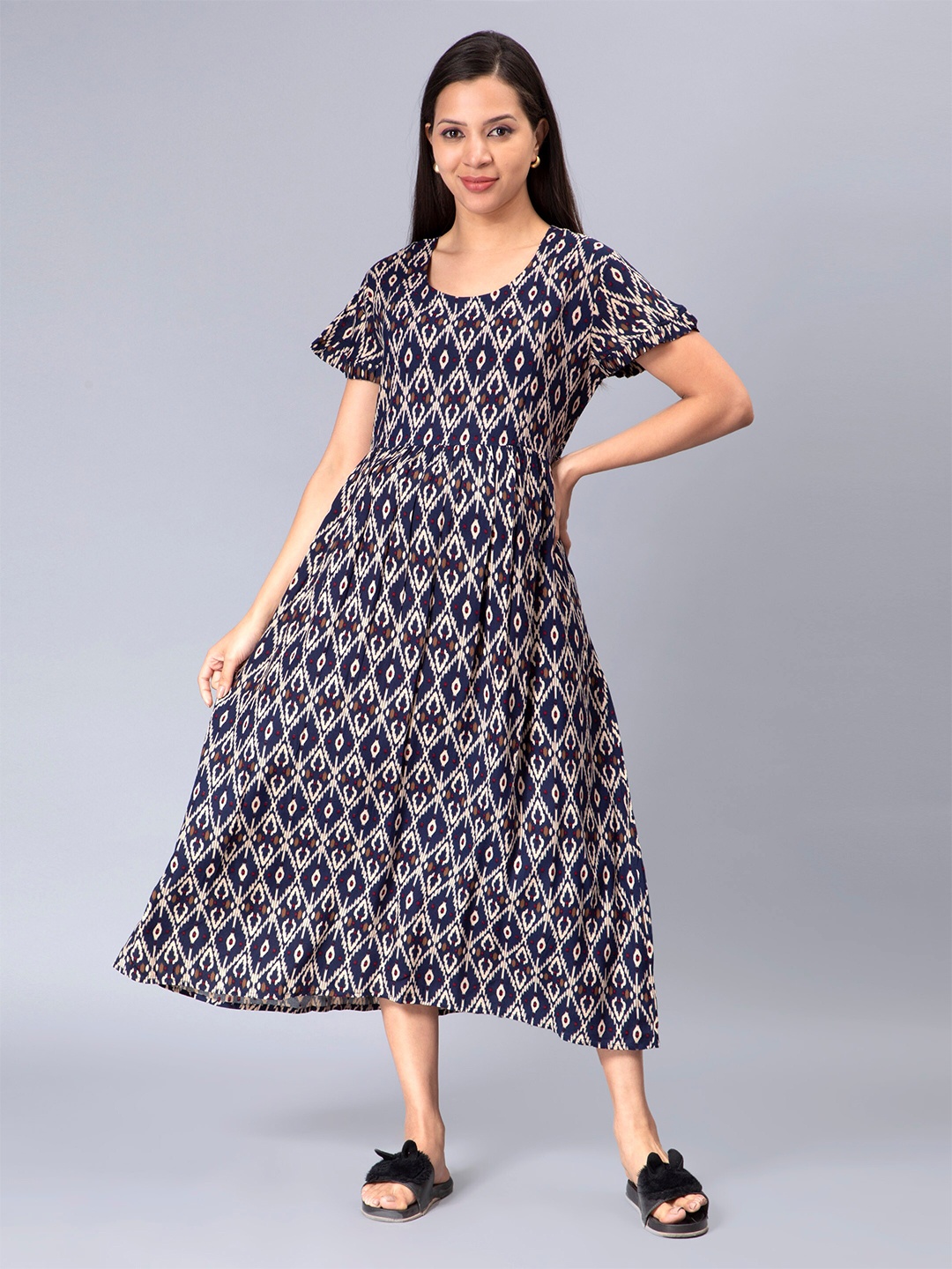 

NIGHTSPREE Ethnic Motifs Print Flared Sleeve Maternity Cotton Midi Dress, Navy blue
