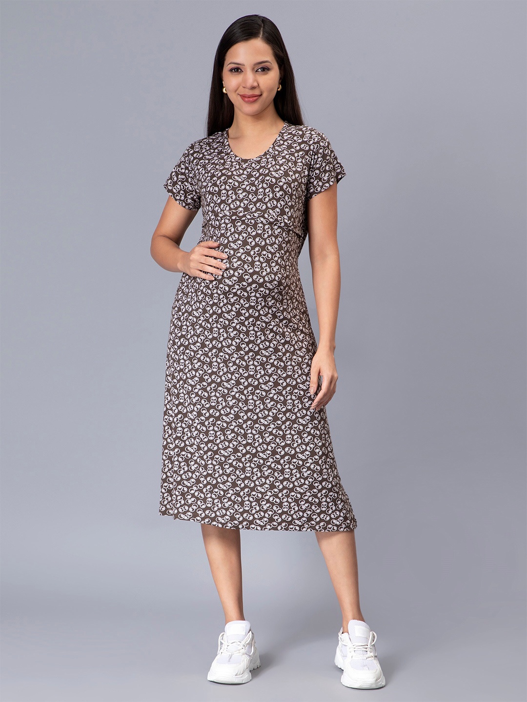 

NIGHTSPREE Printed Maternity Cotton A-Line Midi Dress, Brown