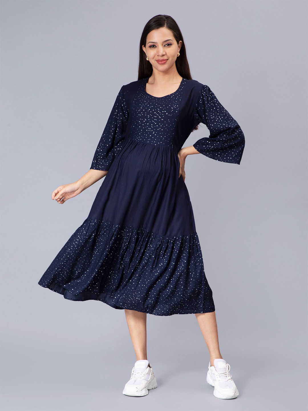 

NIGHTSPREE Round Neck Polka Dots Printed Maternity Fit & Flare Dress, Navy blue