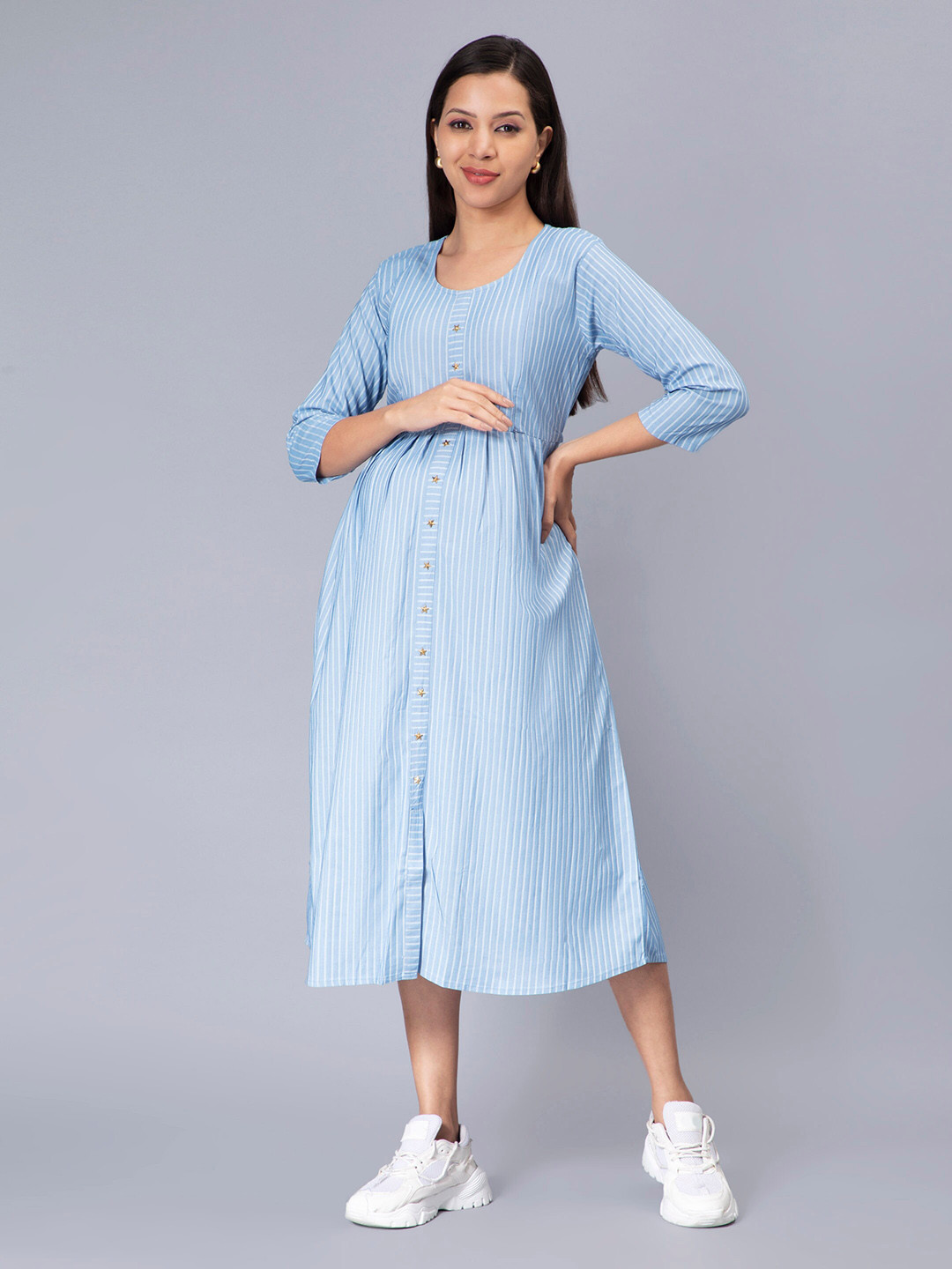 

NIGHTSPREE Striped Maternity Cotton A-Line Midi Dress, Blue