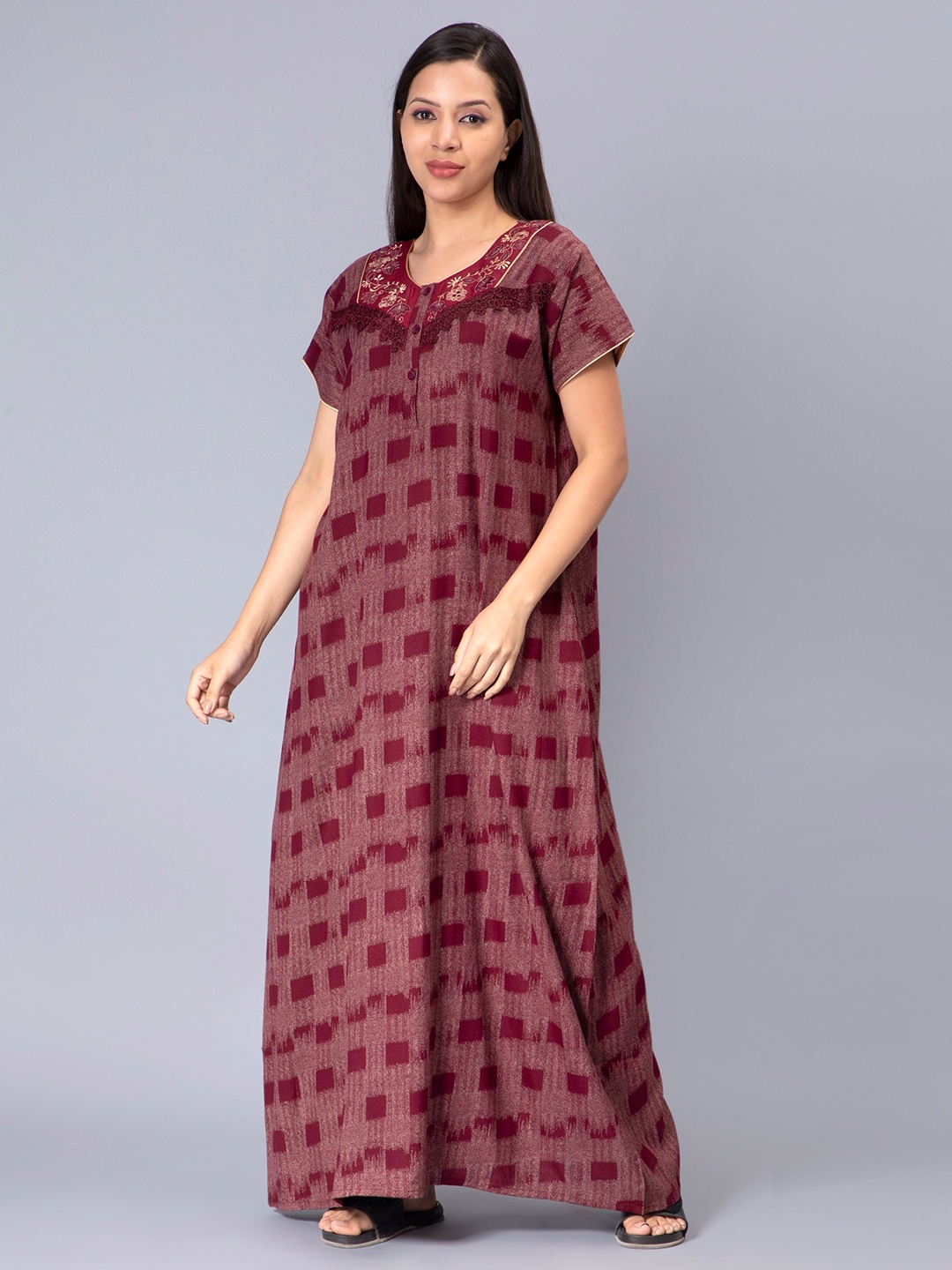 

NIGHTSPREE Geometric Printed Maxi Nightdress, Maroon