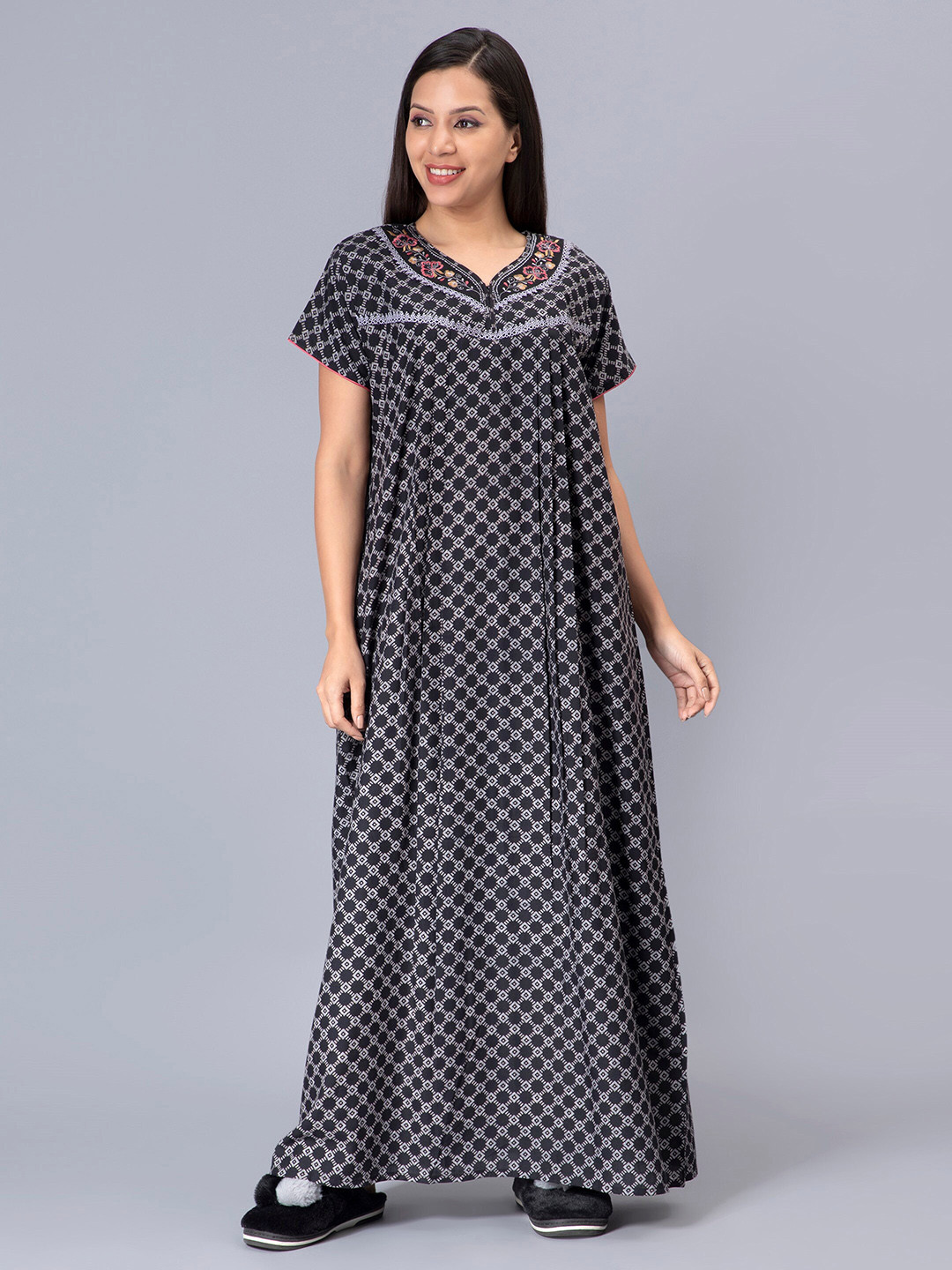 

NIGHTSPREE Geometric Printed Maxi Nightdress, Black