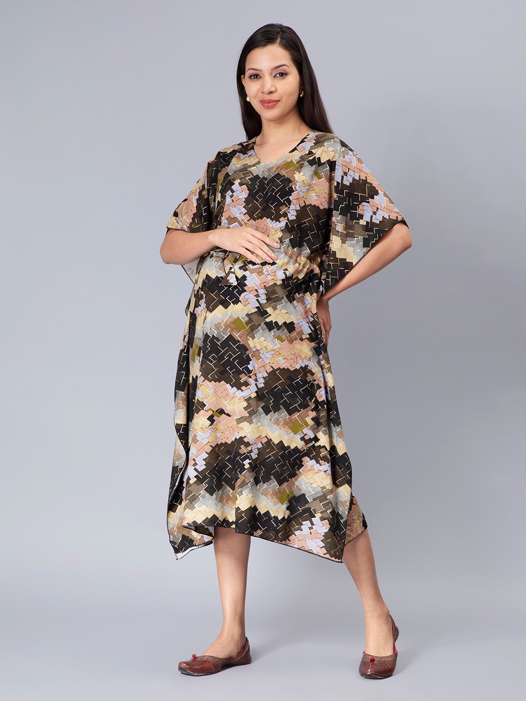 

NIGHTSPREE Floral Print Flared Sleeve Maternity Cotton Kaftan Midi Dress, Coffee brown