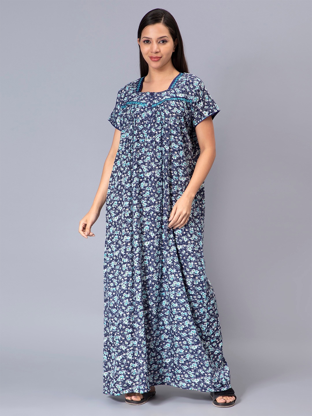 

NIGHTSPREE Floral Printed Pure Cotton Maxi Nightdress, Blue