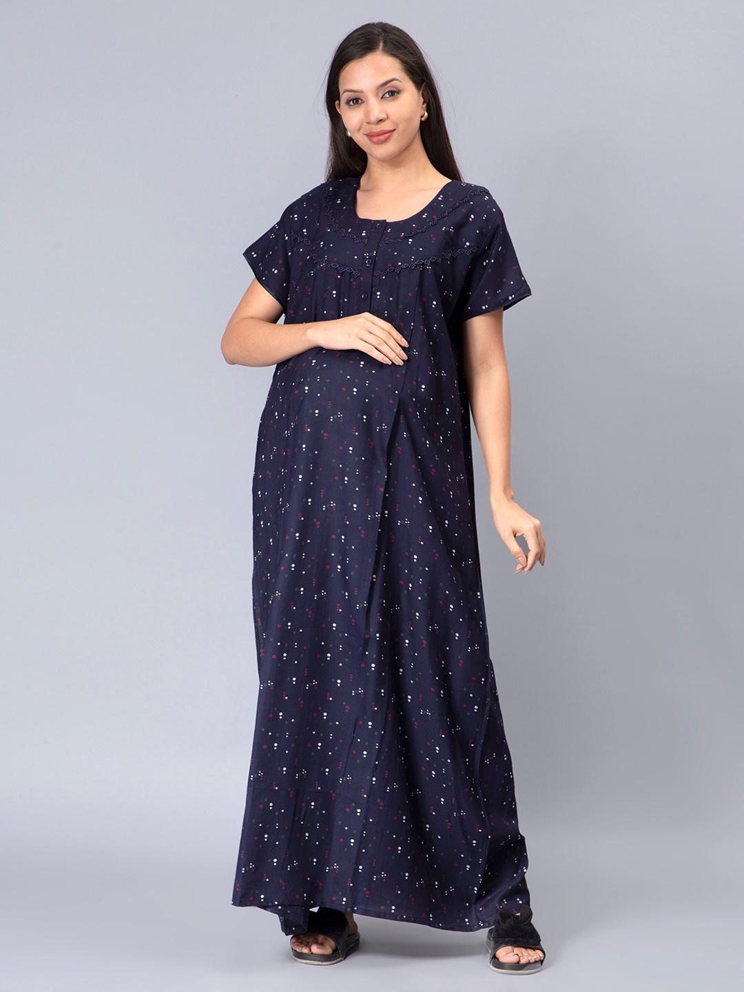 

NIGHTSPREE Polka Dots Printed Maxi Nightdress, Navy blue