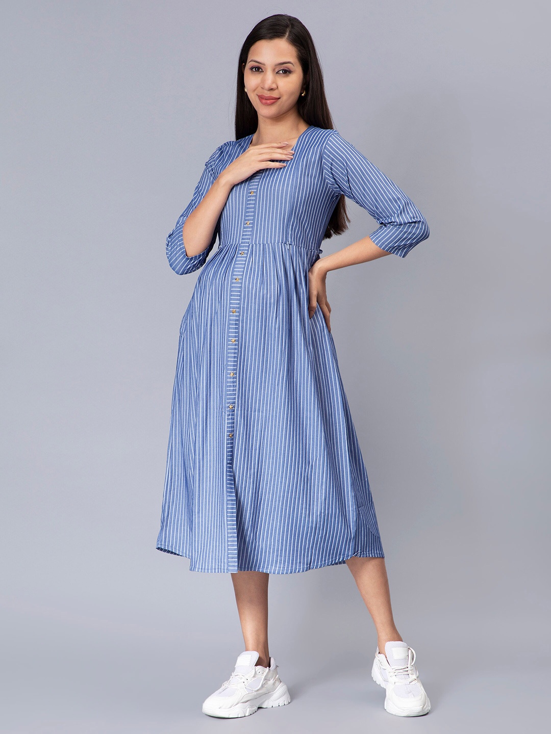 

NIGHTSPREE Striped Maternity Cotton A-Line Midi Dress, Blue