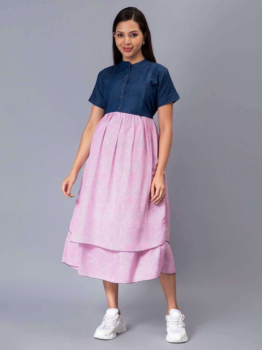 

NIGHTSPREE Printed Crepe Maternity Fit & Flare Denim Midi Dress, Pink