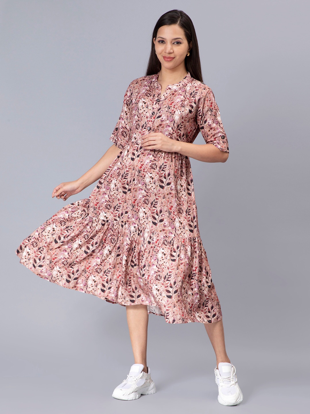 

NIGHTSPREE Band Neck Floral Printed Fit & Flare Maternity Dress, Peach