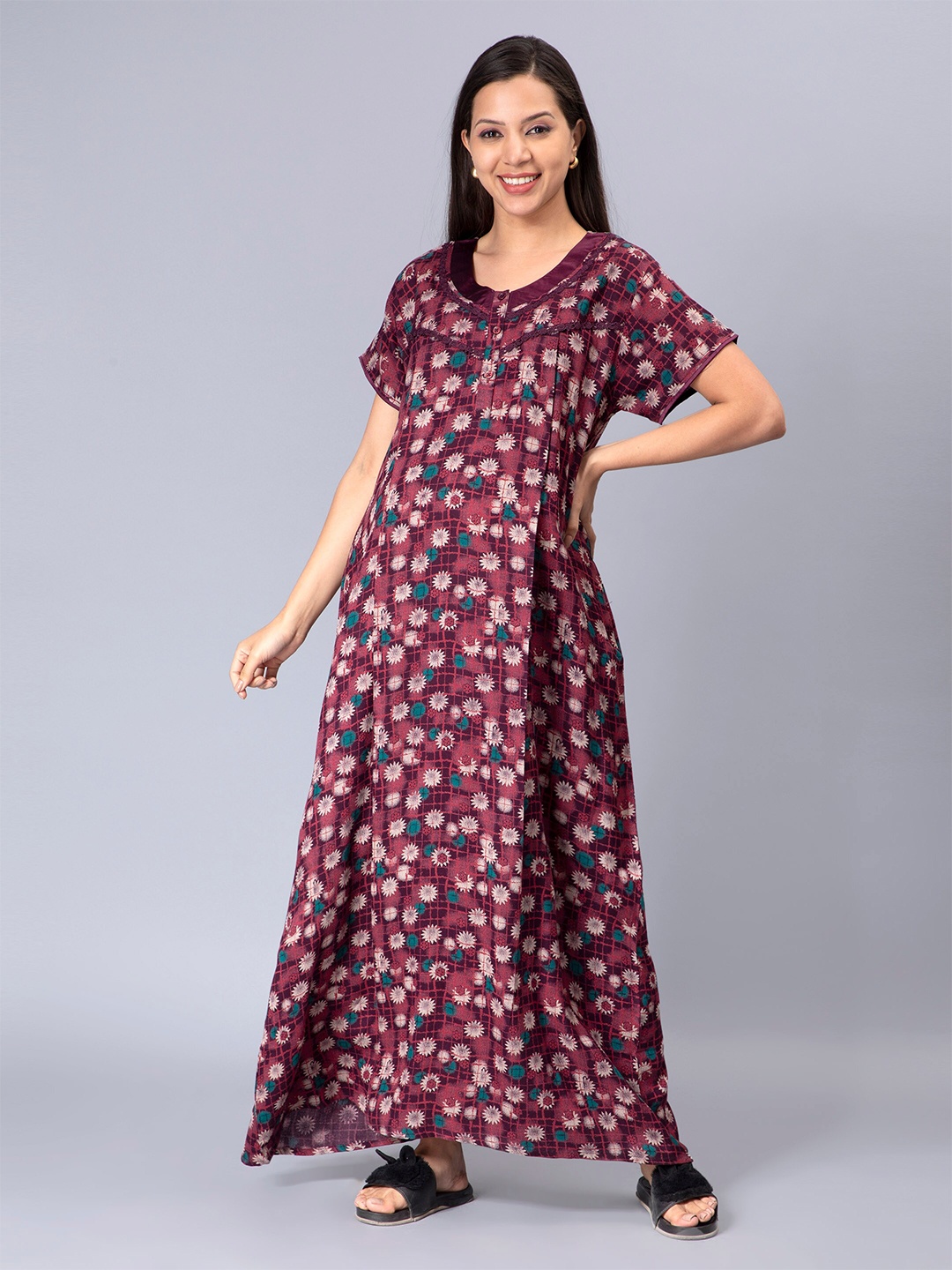 

NIGHTSPREE Floral Printed Pure Cotton Maxi Nightdress, Maroon
