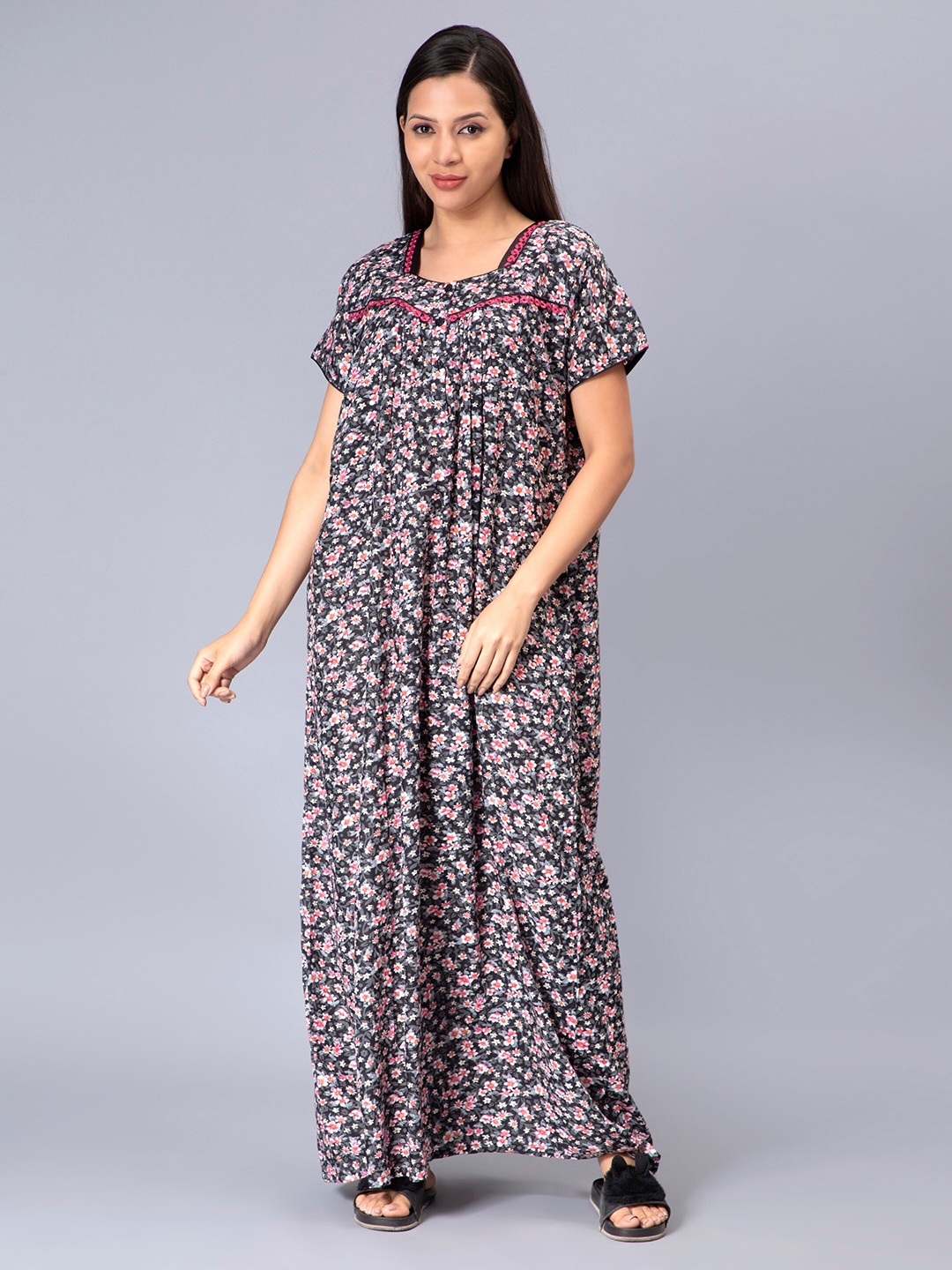 

NIGHTSPREE Floral Printed Maxi Nightdress, Black