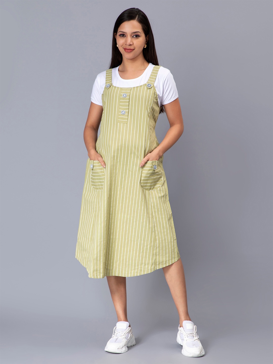 

NIGHTSPREE Shoulder Straps Striped Maternity Cotton Pinafore Midi Dress, Green