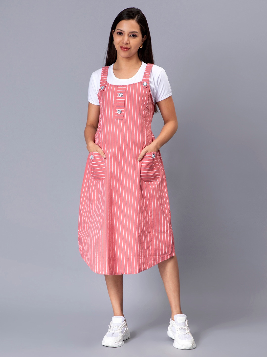 

NIGHTSPREE Shoulder Straps Striped Maternity Cotton Pinafore Midi Dress, Pink