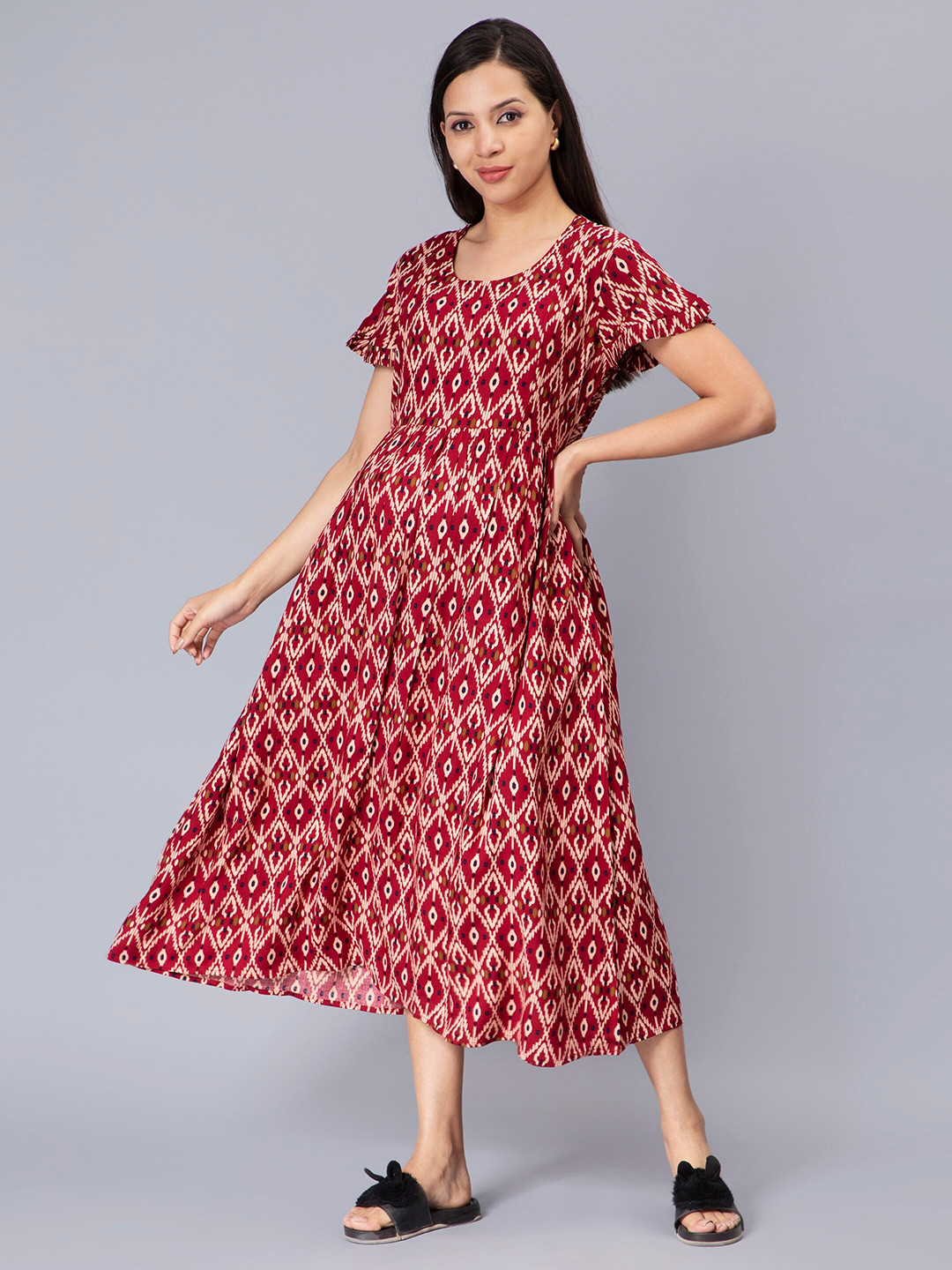 

NIGHTSPREE Ethnic Motifs Print Cotton Maternity Midi Dress, Red